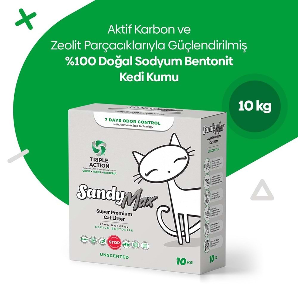 Sandy Max Aktif Karbonlu Topaklanan Tozsuz Kedi Kumu 10Kg