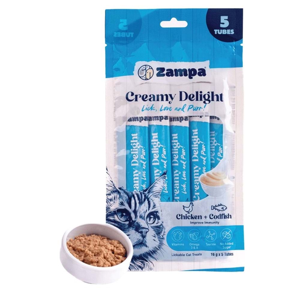 Zampa Creamy Delight Tavuklu & Morina Balıklı Kedi Krema Ödül Maması - 16 Gr X 5