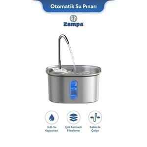 Zampa Kare Paslanmaz Çelik Pet Otomatik Su Pınarı