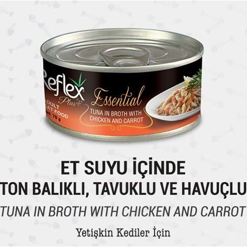 Reflex Plus+ Essential Et Suyu İçinde Ton Balıklı & Havuçlu Yetişkin Kedi Konservesi 70Gr