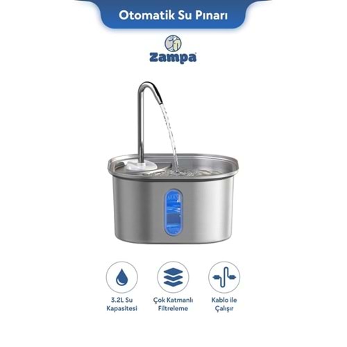 Zampa Kare Paslanmaz Çelik Pet Otomatik Su Pınarı