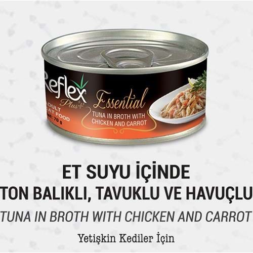 Reflex Plus+ Essential Et Suyu İçinde Ton Balıklı & Havuçlu Yetişkin Kedi Konservesi 70Gr