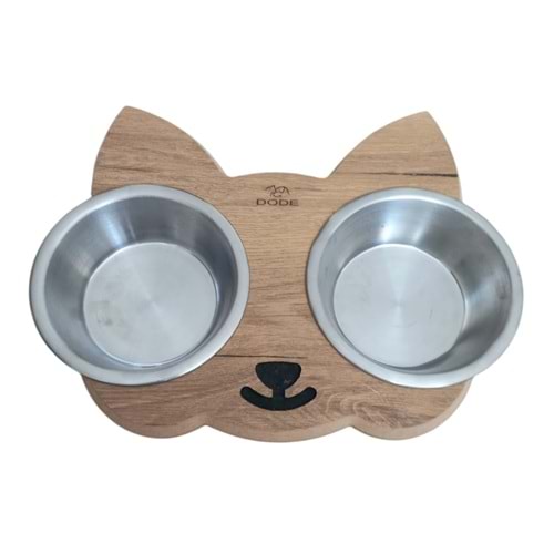 Ahşap Standlı İkili Mama Kabı Kedi Kafa