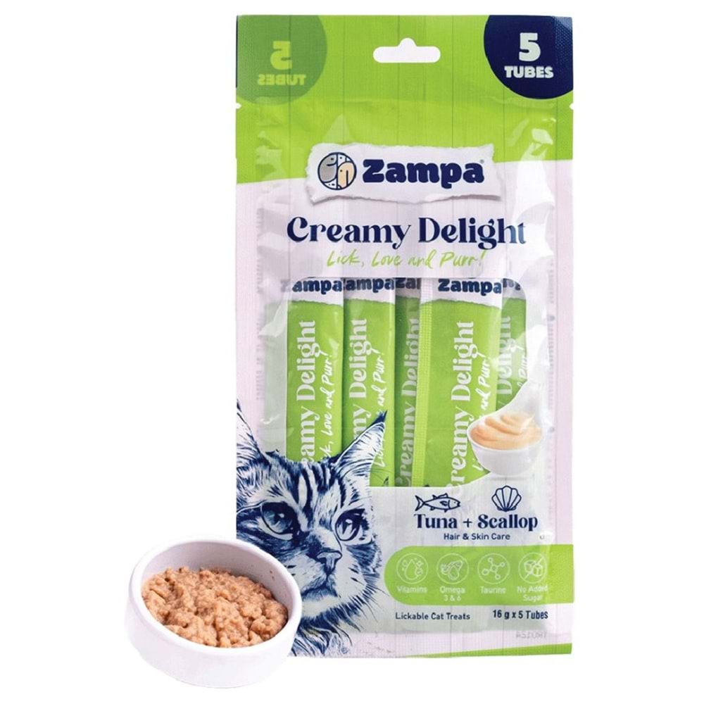 Zampa Creamy Delight Ton Balıklı & Deniz Taraklı Kedi Krema Ödül Maması - 16 Gr X 5